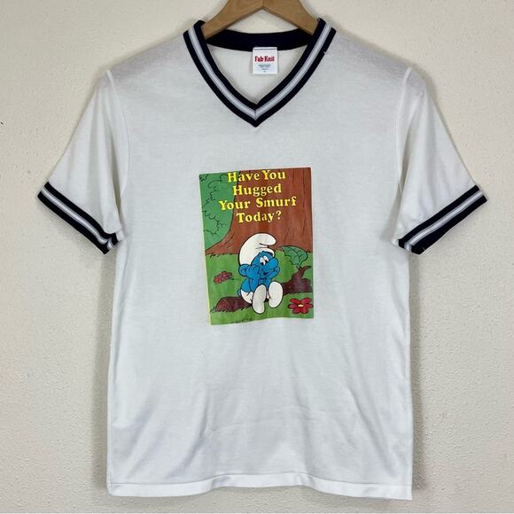 FAB-KNIT Vintage 80s Smurf V-Neck Jersey Tee Youth XL - Picture 1 of 7